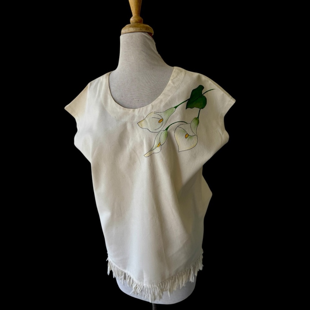 Vtg Mexican Hand Painted Orchid Tunic Top Fringe L Peasant Cotton Flower As Is